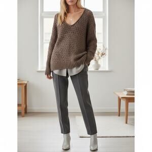 Free People Crashing Waves Chunky Knit V-Neck Sweater Oatmeal Brown Relaxed XS